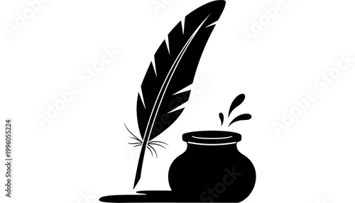 A quill pen silhouette icon with an inkwell on a white background