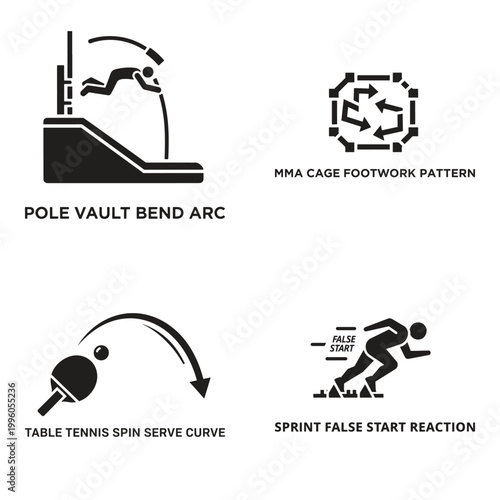 Athletic Performance and Technical Sports Icon Set Featuring Pole Vault Bend Arc, MMA Cage Footwork Patterns, Table Tennis Spin Serve Curves, and Sprint False Start Reaction Illustrations for Sports A
