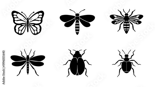 Butterfly, Bee, Dragonfly, Ladybug, Ant - Flat Vector Design on White Background