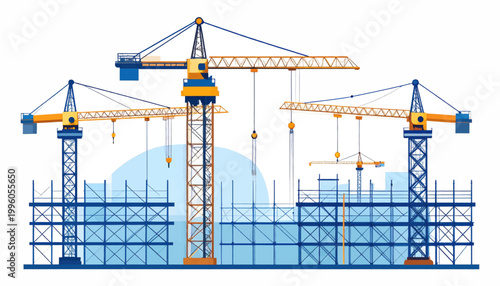 Modern Construction Site Illustration with Tower Cranes and Scaffolding on White Background