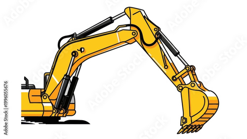 Yellow Hydraulic Excavator Arm and Bucket Vector Illustration - Heavy Duty Construction Machinery Graphic Isolated on White