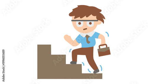 A businessman climbing stairs with a briefcase in hand quickly