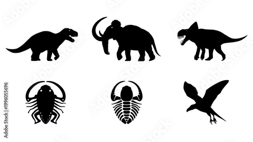 Dinosaur and Insect Silhouette Icons Display, Monochrome Art, Clean Design, Centered Layout on White  copy space