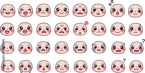 Cute Kawaii Emoji Faces Collection with Various Emotions, Adorable Cartoon Expressions Set for Messaging, Social Media, Stickers, and Digital Communication Design
