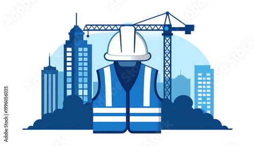 Construction Site Illustration with Safety Vest, Hard Hat, Crane and City Skyline Background for Engineering and Architecture Projects