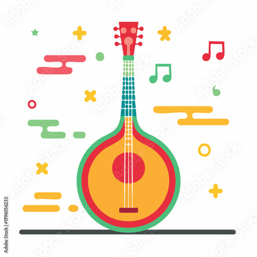 Colorful Illustration of a Mandolin with Musical Notes and Shapes