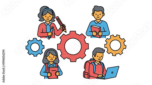 Education in Motion: A diverse group of learners and instructors working together with gears. Capturing teamwork and educational achievement. 