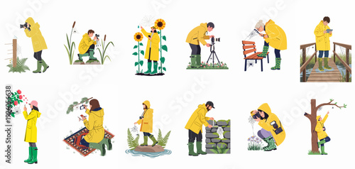 Flat vector illustrations of people in yellow raincoats exploring nature, photographing spider webs, plants, and flowers in various outdoor settings.