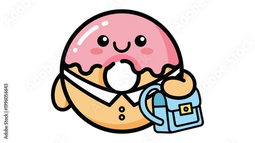 фотографія Donut's Back to School: A cheerful donut character, with a pink frosting and a delightful smile, gets ready for school, clutching a stylish book bag, eager for the day's lessons and adventures