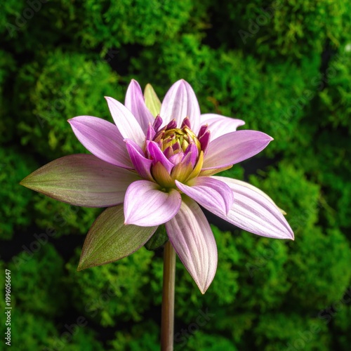 soft purple dahlia flower bloom closeup against lush green moss background, nature botanical spring summer floral motif, texture and vibrant color
