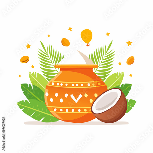 Pongal Festival Illustration with Pot, Coconut, and Leaves