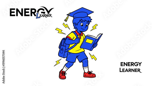 Energy Learner: A cartoon illustration of a youthful, energetic student engrossed in learning, radiating knowledge and enthusiasm.