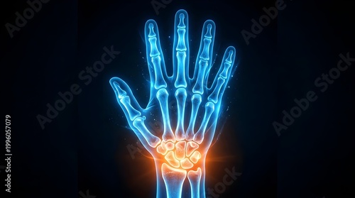 X ray depiction of human hand and wrist bones glowing with blue light showing detailed skeletal structure highlighting wrist joint discomfort area with orange hue against dark void perfect for