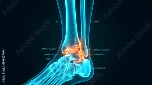 Detailed view of human ankle joint anatomy glowing blue with highlighted inflamed area in orange for medical condition awareness presented on a dark backdrop orthopedic healthcare concept for