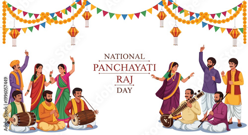 Illustrated vector art commemorates National Panchayati Raj Day in India, showcasing rural leadership with people celebrating local governance and decentralization against a white