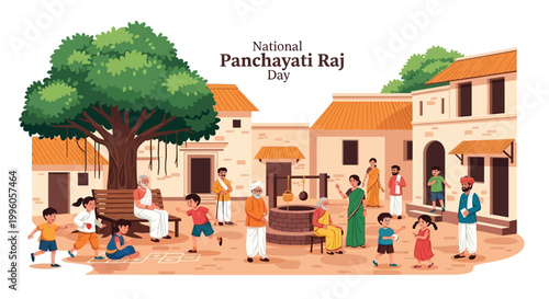 Εκτύπωση καμβά On National Panchayati Raj Day, an illustration depicts an Indian village scene
