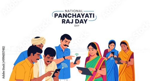 Foto On National Panchayati Raj Day, a diverse group of villagers are shown using sma