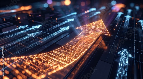 Abstract glowing arrows showing financial business growth and upward direction, AI data driven strategy and digital transformation concept