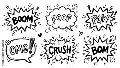Set of hand drawn elements doodle comics isolated on white background. Speech bubbles with the words bom, boom, pow, poof, omg, crush
