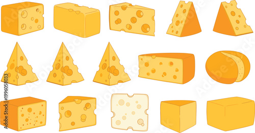 Cheese Vector Illustration Collection Featuring Wedges, Blocks, Slices, and Rounds in Swiss, Cheddar, and Gouda Styles for Culinary, Food, and Kitchen Design Projects