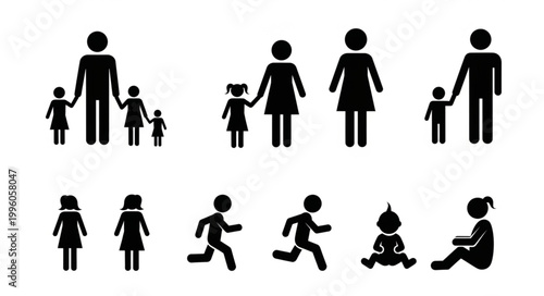 Diverse Family Figures and Children Icons Representing Generations.