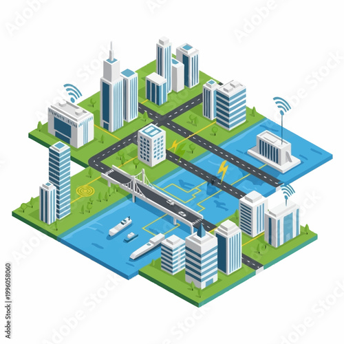 Smart City Isometric View with Connected Buildings and Infrastructure.