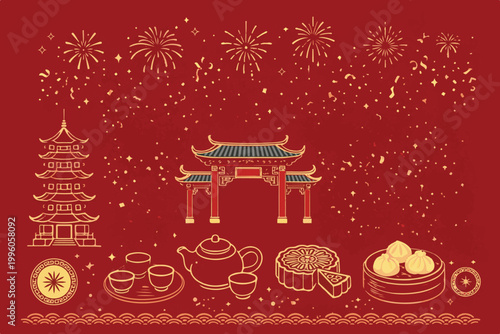 Chinese New Year celebration background with golden pagoda, festive fireworks, traditional tea set, mooncakes, and dim sum on a vibrant red background.