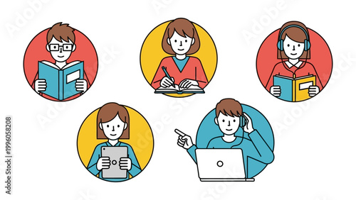 Knowledge Sharing: A collection of stylized figures engaging in activities of learning, demonstrating diverse methods of acquiring information and skills in circle frames.