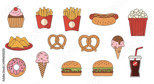 Collection of popular fast food items and treats.