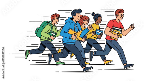 Dynamic Students Racing: A group of students sprints forward, clutching books and backpacks, capturing a sense of urgency and youthful energy. 