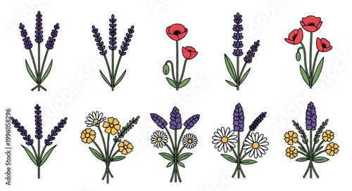 Collection of Embroidered Floral Designs with Lavender and Poppies.