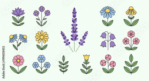 Collection of stylized floral illustrations in various colors.
