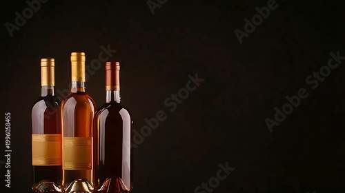 Elegant Wine Bottles on Dark Background in Studio Setting, Showcasing Rich Amber Tones and Artistic Arrangement for Gourmet Enjoyment and Decoration