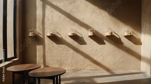 Minimalist Interior with Two Wooden Tables and Glass Jars on Wall Showcasing Natural Light and Shadow Play in a Cozy Setting