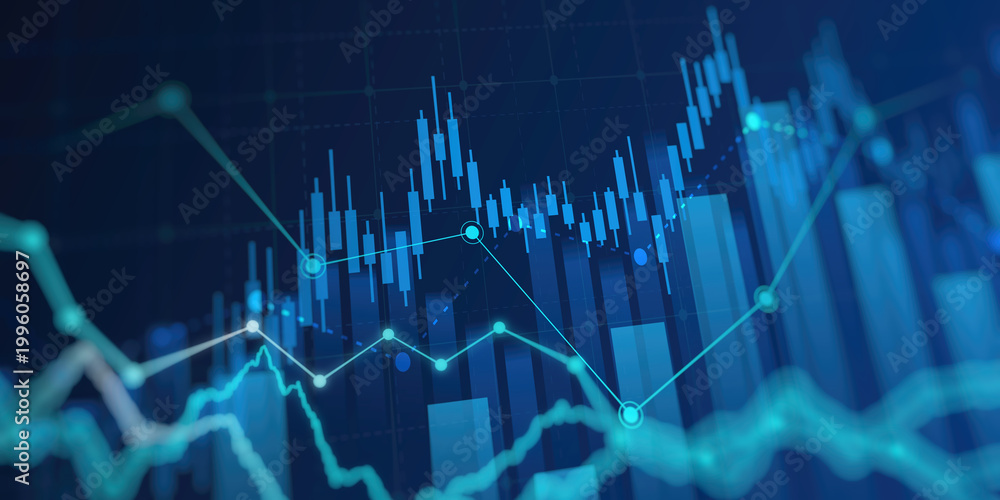 Naklejka premium Technology financial graph with uptrend bar chart of stock market on blue color background