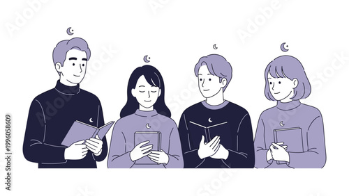 Harmony of voices: A quartet of individuals, lost in the melodic embrace of choral singing, their faces reflecting the profound joy of shared musical experience. 