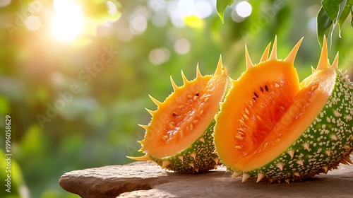 Vibrant Orange Flesh of Fresh Kiwano with Spiky Green Skin on Natural Wooden Table Surrounded by Lush Green Foliage in Soft Sunlight