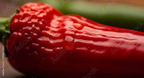 A vibrant red chili pepper sits on a wooden surface with water droplets.
