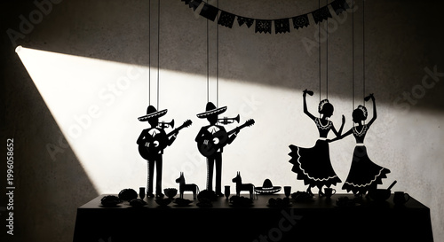 Three marionette musicians and dancers perform on a stage with instruments.