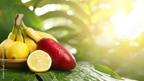 Fresh and Juicy Fruit Arrangement with Bananas, Lemons, and Mango on Tropical Leaves with Sunlight Background