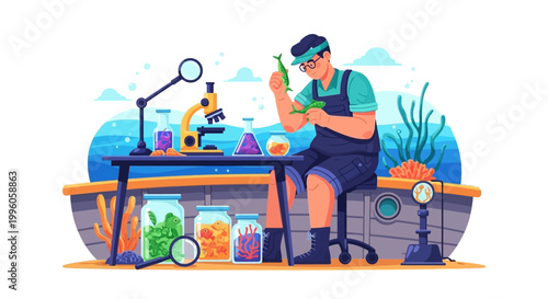 Young scientist conducting experiment with microscope and test tubes.