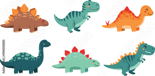 Cartoon Dinosaur Vector Illustration Collection Featuring Stegosaurus, Tyrannosaurus, Sauropods, and Playful Prehistoric Creatures for Children’s Education, Games, and Creative Design Projects