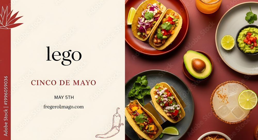 Fototapeta premium A vibrant Cinco de Mayo celebration with tacos, avocados, and drinks on a red table.