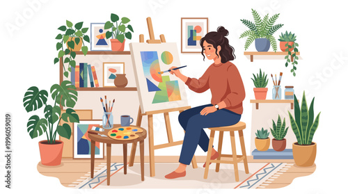 Young woman artist painting abstract art in her studio.