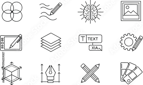 Graphic Design and Creative Tools Line Icon Set Featuring Typography, Illustration, Editing, Layers, Color Swatches, and Digital Art Workflow Symbols