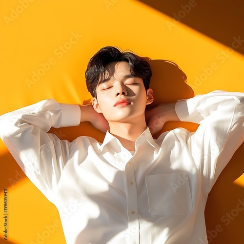 Young Person Relaxing Under Bright Sunlight with Calm Expression and Soft Shadow in Warm Tones