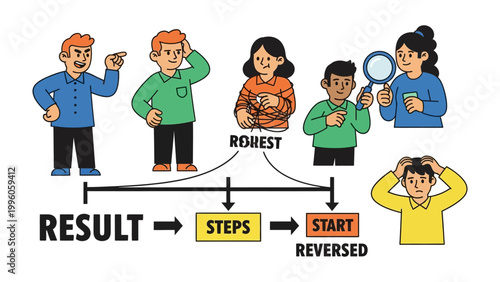 Navigating the Journey: A visual illustration of problem solving process, revealing the dynamics of human interaction and problem-solving through each step.