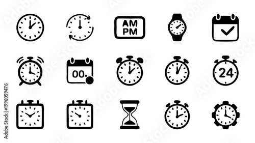 Collection of 15 black and white time clock watch calendar