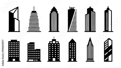 Set of 12 minimalist skyscraper silhouettes building