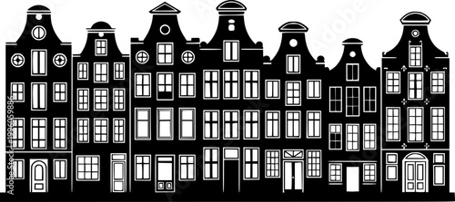 Laser cutting Amsterdam style houses. Silhouette of a row of typical dutch canal view at Netherlands. Stylized facades of old buildings. Wood carving vector template. Background for banner, card